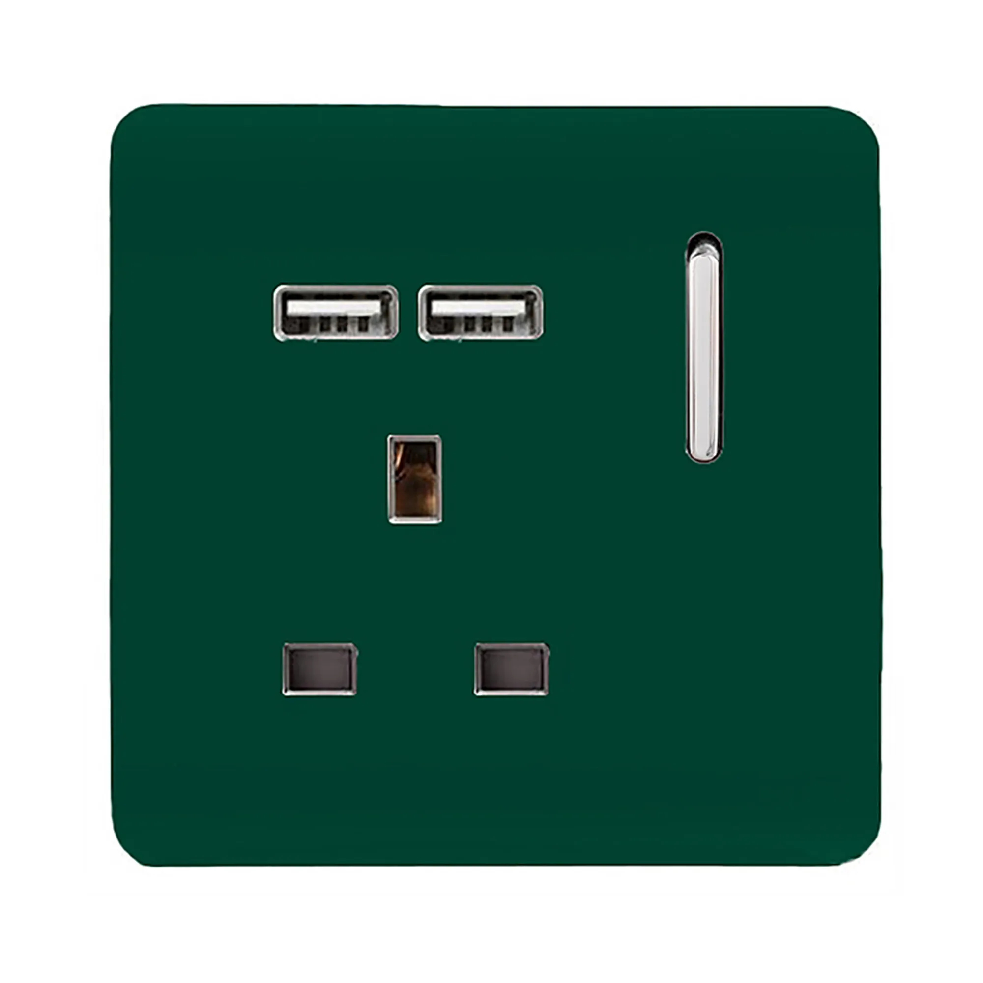 1 Gang 13Amp Switched Single Socket With 2 x USB Dark Green